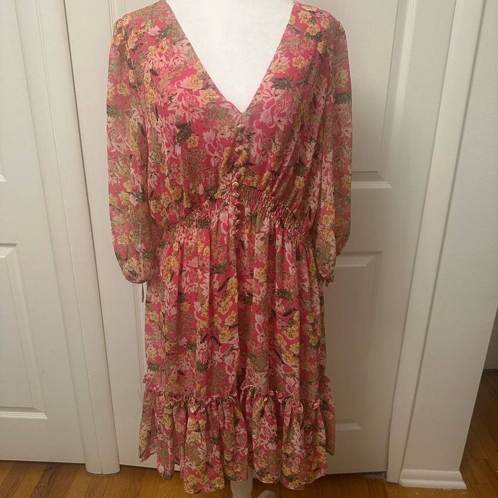 Taylor Pink Floral Ruffle Midi Tierd 3/4 tie Sleeve Dress Size Large